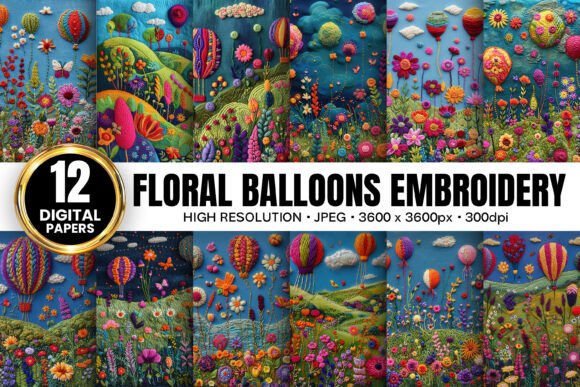 Floral Balloons Embroidery Digital Paper